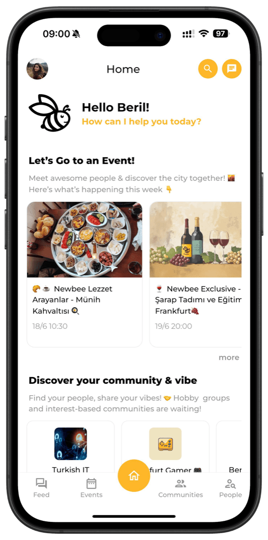 Newbee mobile app home screen